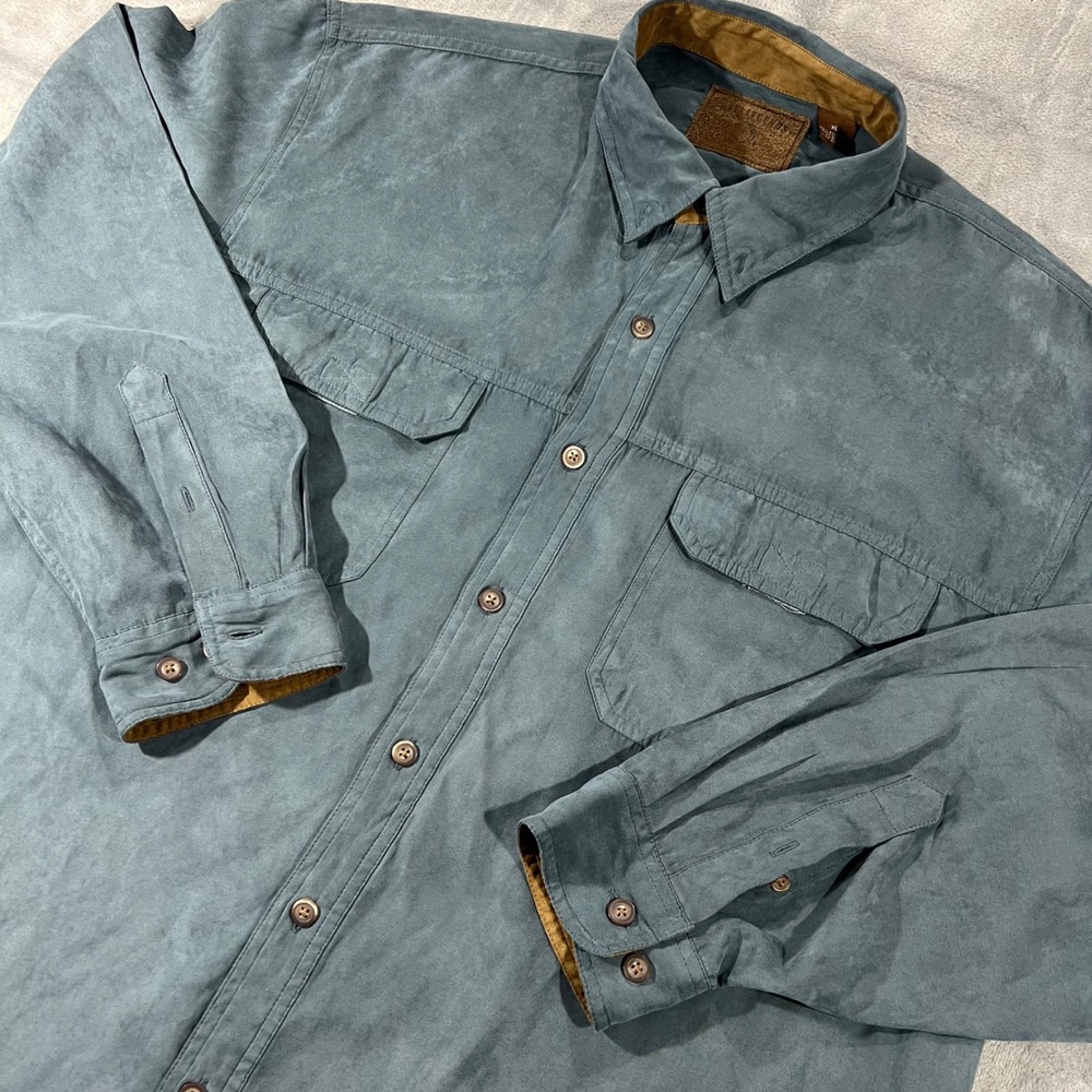 Reel Legends Mens XL Faux Suede Long‎ Sleeve Button Down Shirt Blue Gray Outdoor